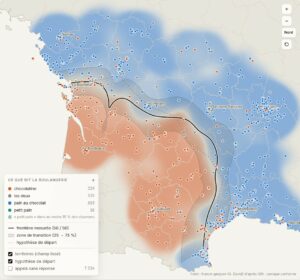 Carte de France montrant la frontière linguistique entre pain au chocolat et chocolatine